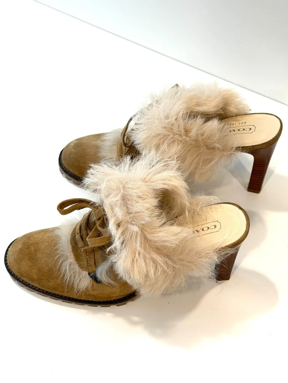 COACH Kristy Suede & Faux Fur Heeled Mules Tan / Chestnut Brown